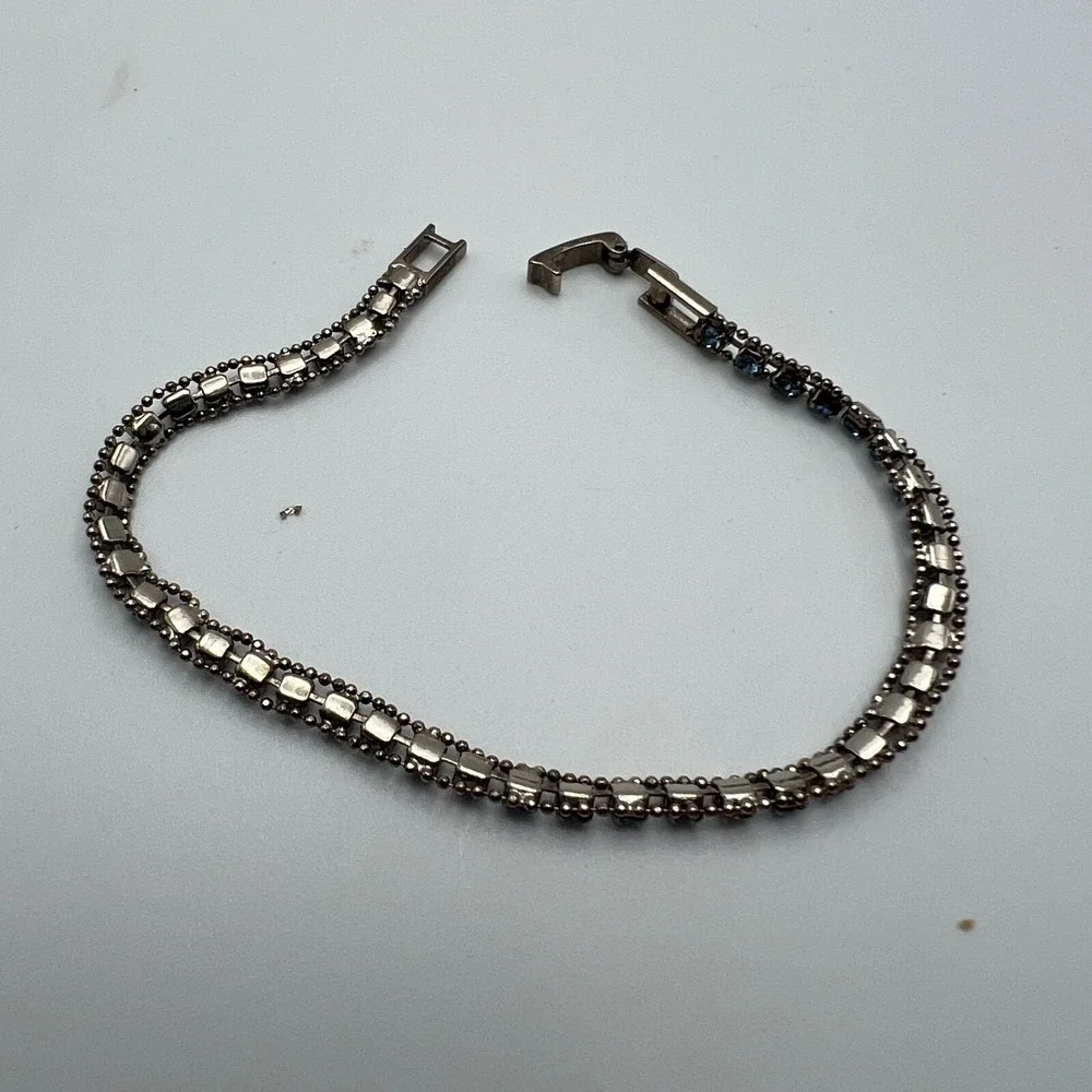 Vintage Tennis Bracelet Blue Crystal Stones Silver Tone 7 inches